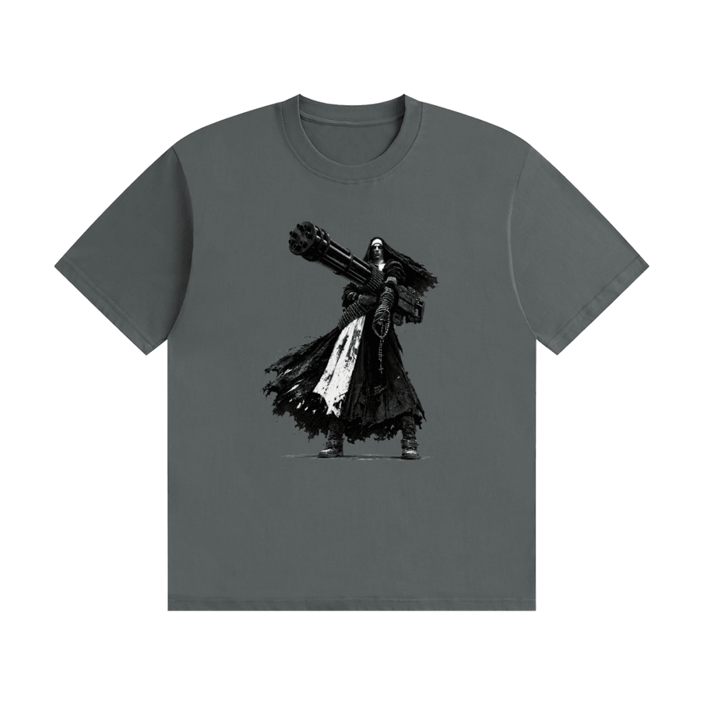 Dark gray cotton T-shirt, front view with a black-and-white nun carrying an oversized multi-barrel gun.