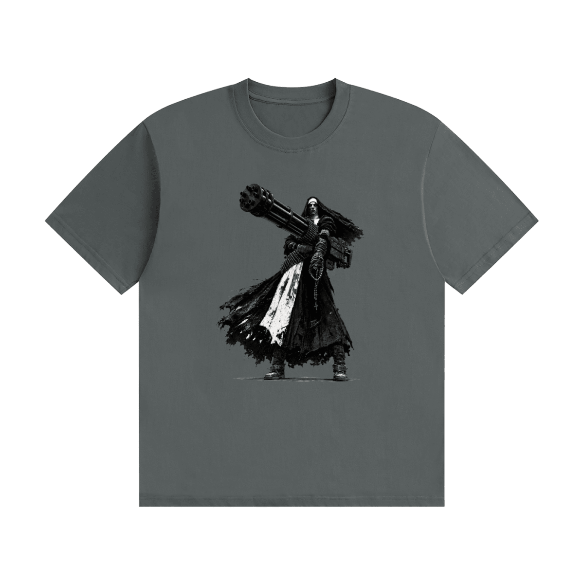 Dark gray cotton T-shirt, front view with a black-and-white nun carrying an oversized multi-barrel gun.