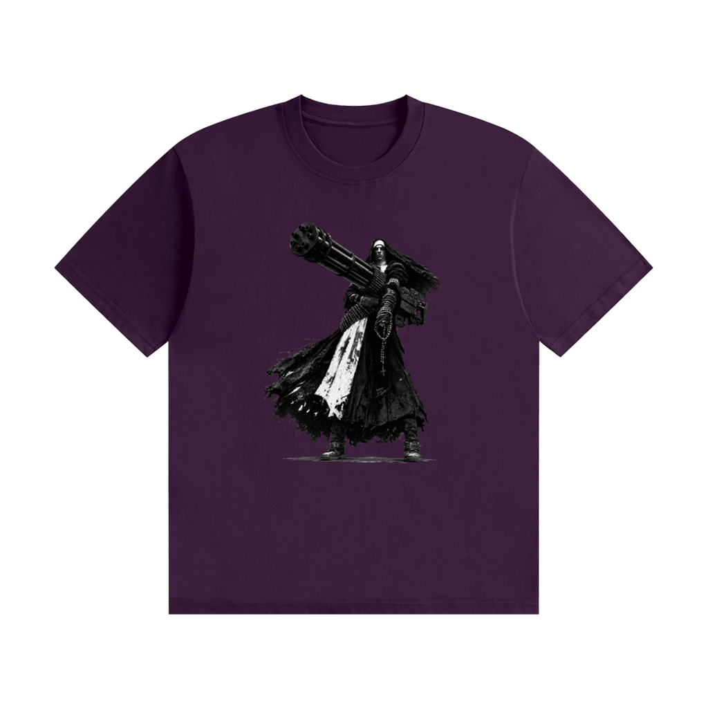 Purple cotton T-shirt, front view with a black-and-white nun carrying an oversized multi-barrel gun.