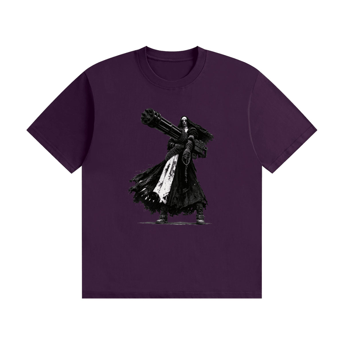 Purple cotton T-shirt, front view with a black-and-white nun carrying an oversized multi-barrel gun.