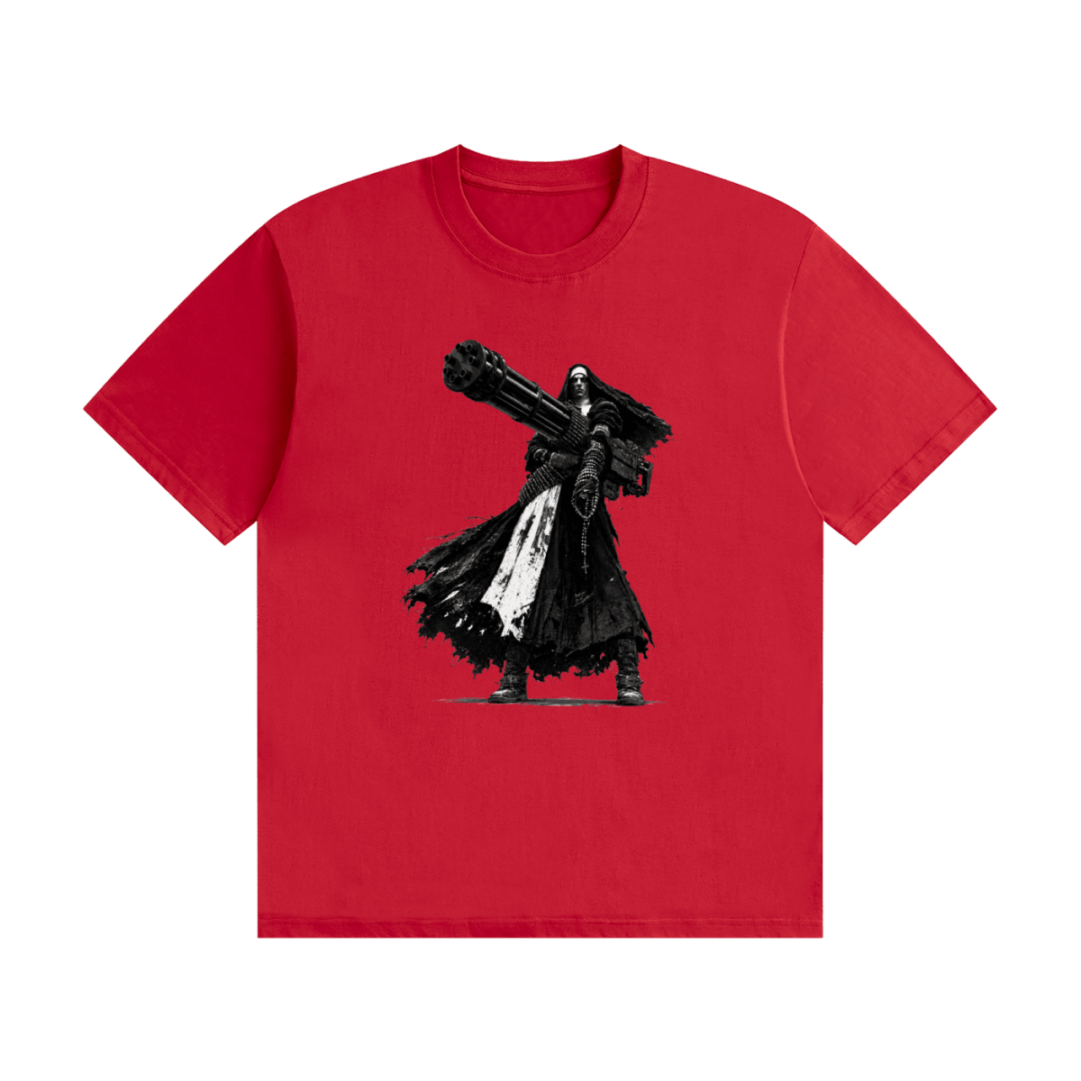 Red cotton T-shirt, front view with a black-and-white nun carrying an oversized multi-barrel gun.
