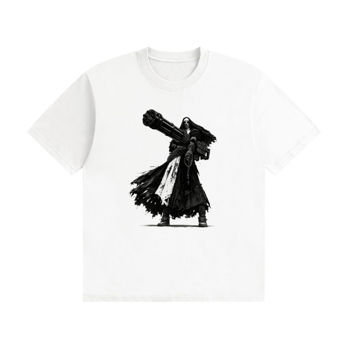 White cotton T-shirt, front view with a black-and-white nun carrying an oversized multi-barrel gun.