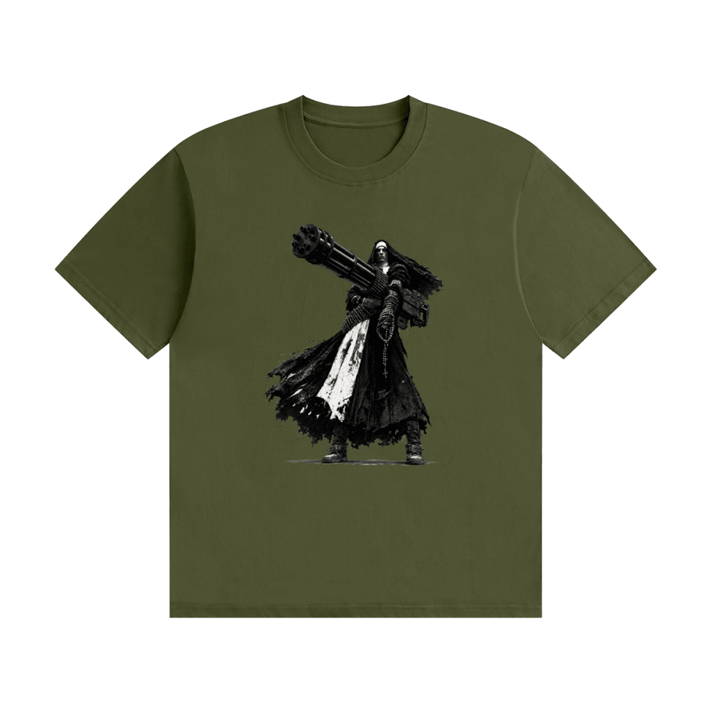 Olive green cotton T-shirt, front view with a black-and-white nun carrying an oversized multi-barrel gun.