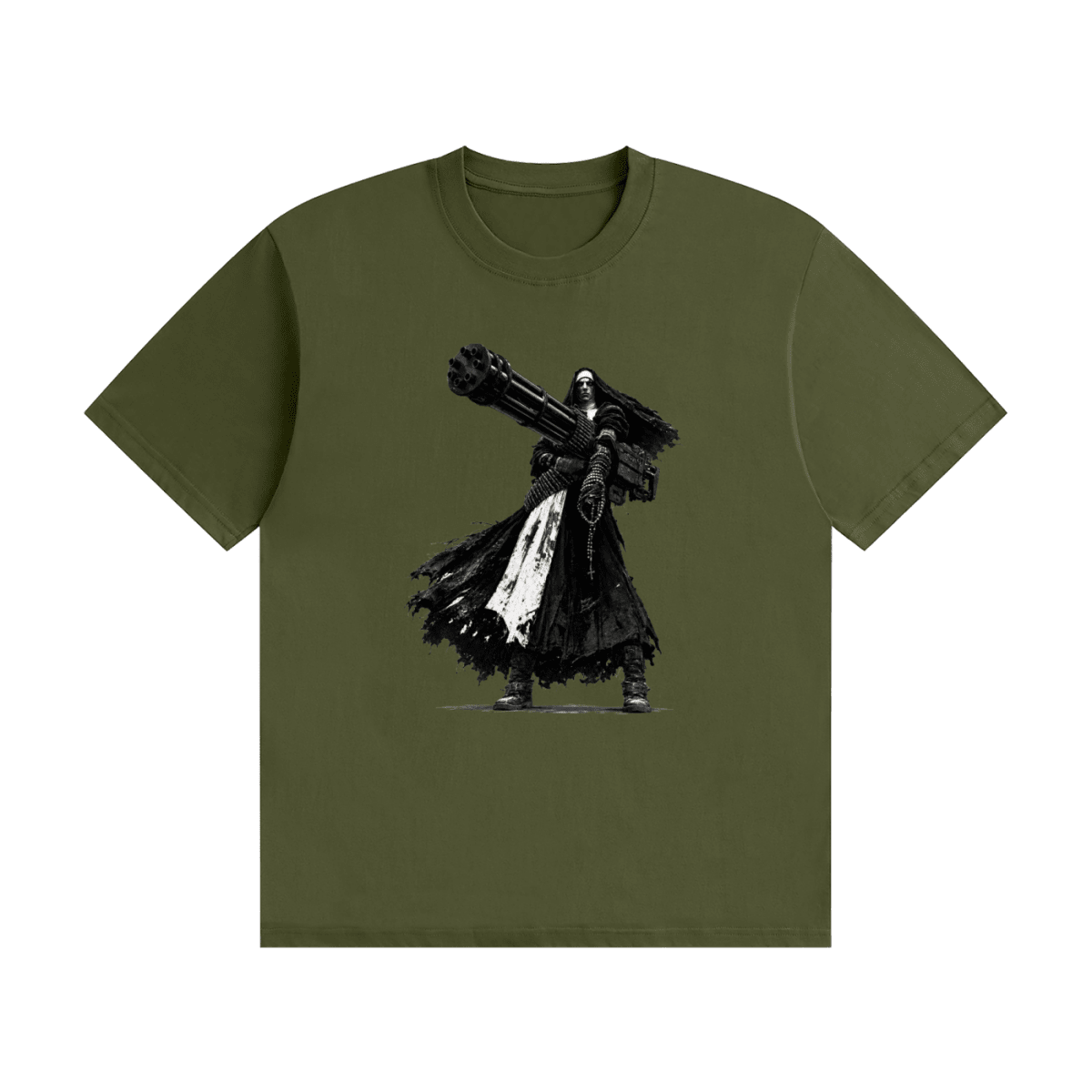 Olive green cotton T-shirt, front view with a black-and-white nun carrying an oversized multi-barrel gun.
