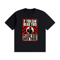 Black cotton T-shirt, front view with a red-and-cream warning sign reading If You Can Read This Please Stay Over There.
