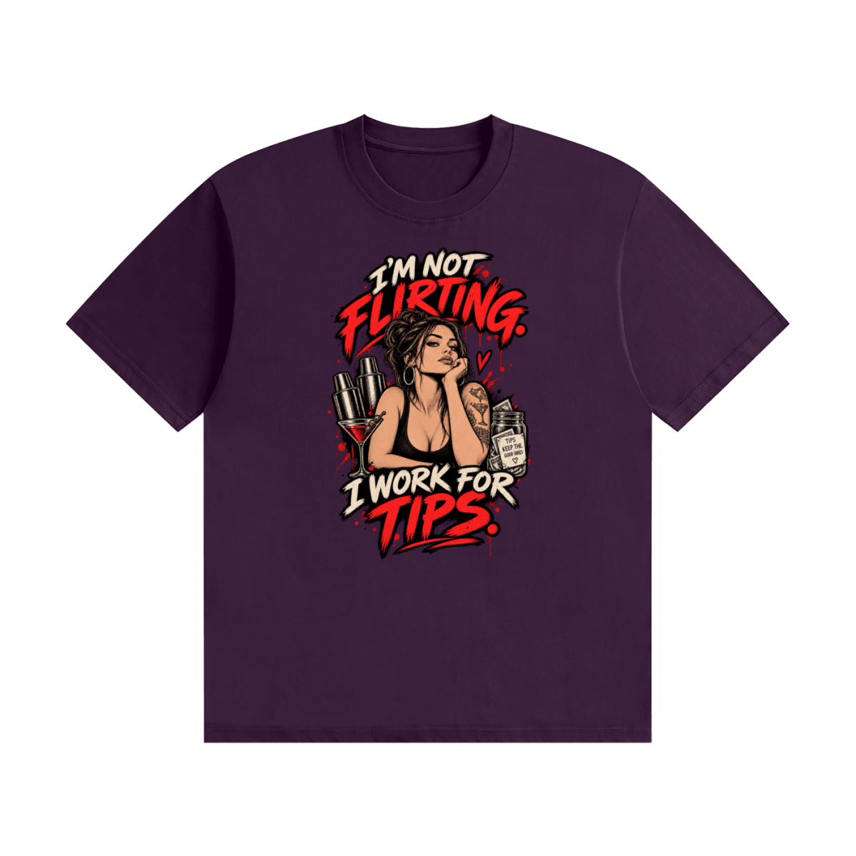 Purple I'm Not Flirting. I Work for Tips. cotton T-shirt, front view with a woman and red-and-cream lettering.