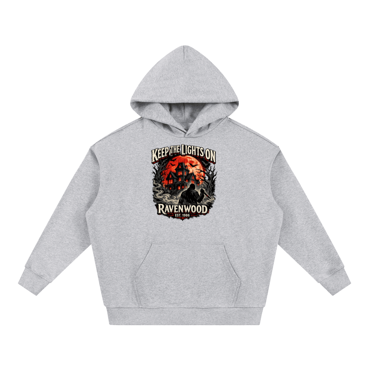 Heather gray heavyweight hoodie, front view with a haunted house, orange moon and knife-holding silhouette with Keep the Lights On and Ravenwood Est. 1986 lettering.