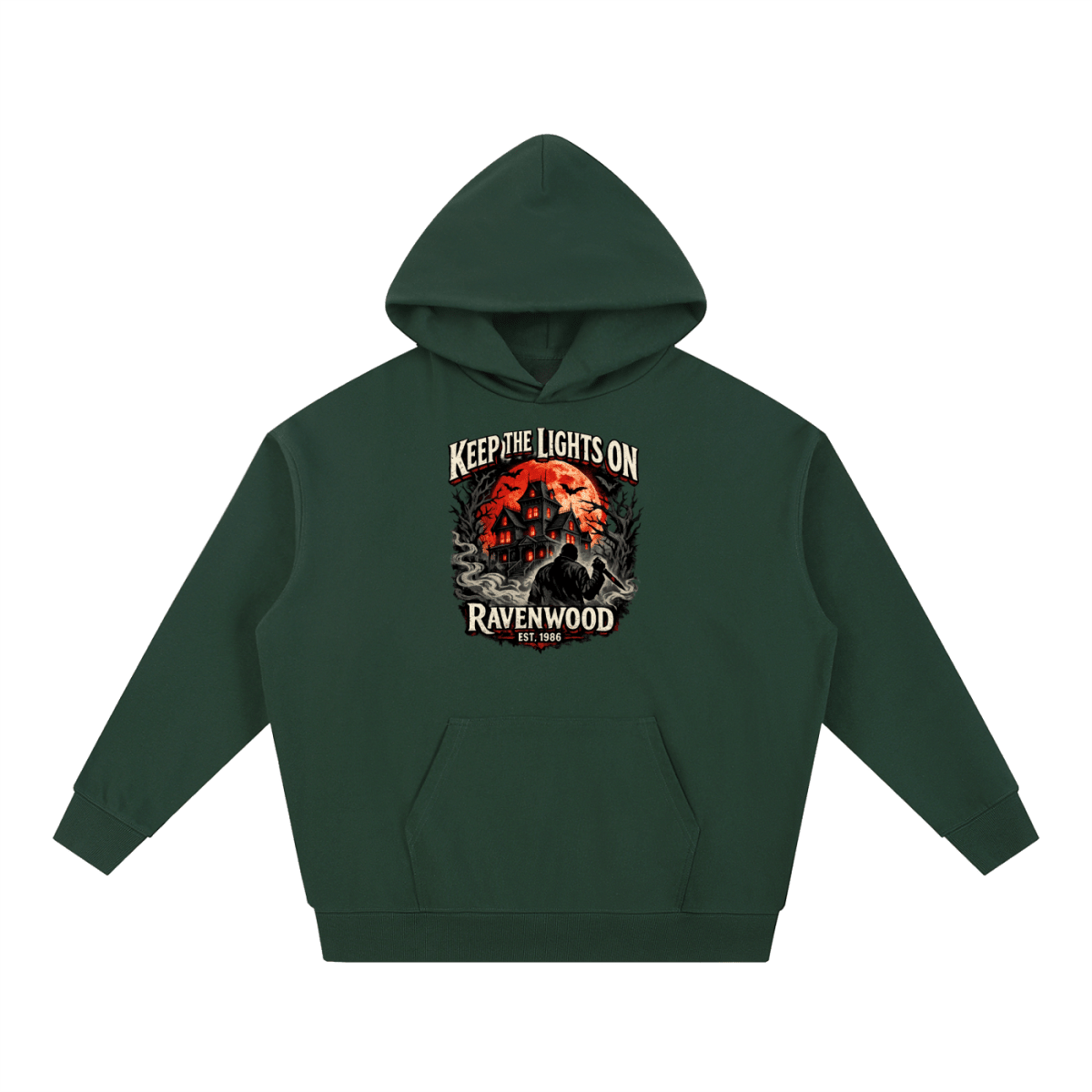 Forest green heavyweight hoodie, front view with a haunted house, orange moon and knife-holding silhouette with Keep the Lights On and Ravenwood Est. 1986 lettering.