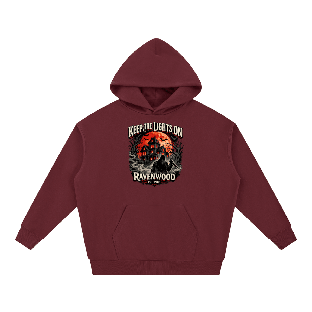 Burgundy heavyweight hoodie, front view with a haunted house, orange moon and knife-holding silhouette with Keep the Lights On and Ravenwood Est. 1986 lettering.