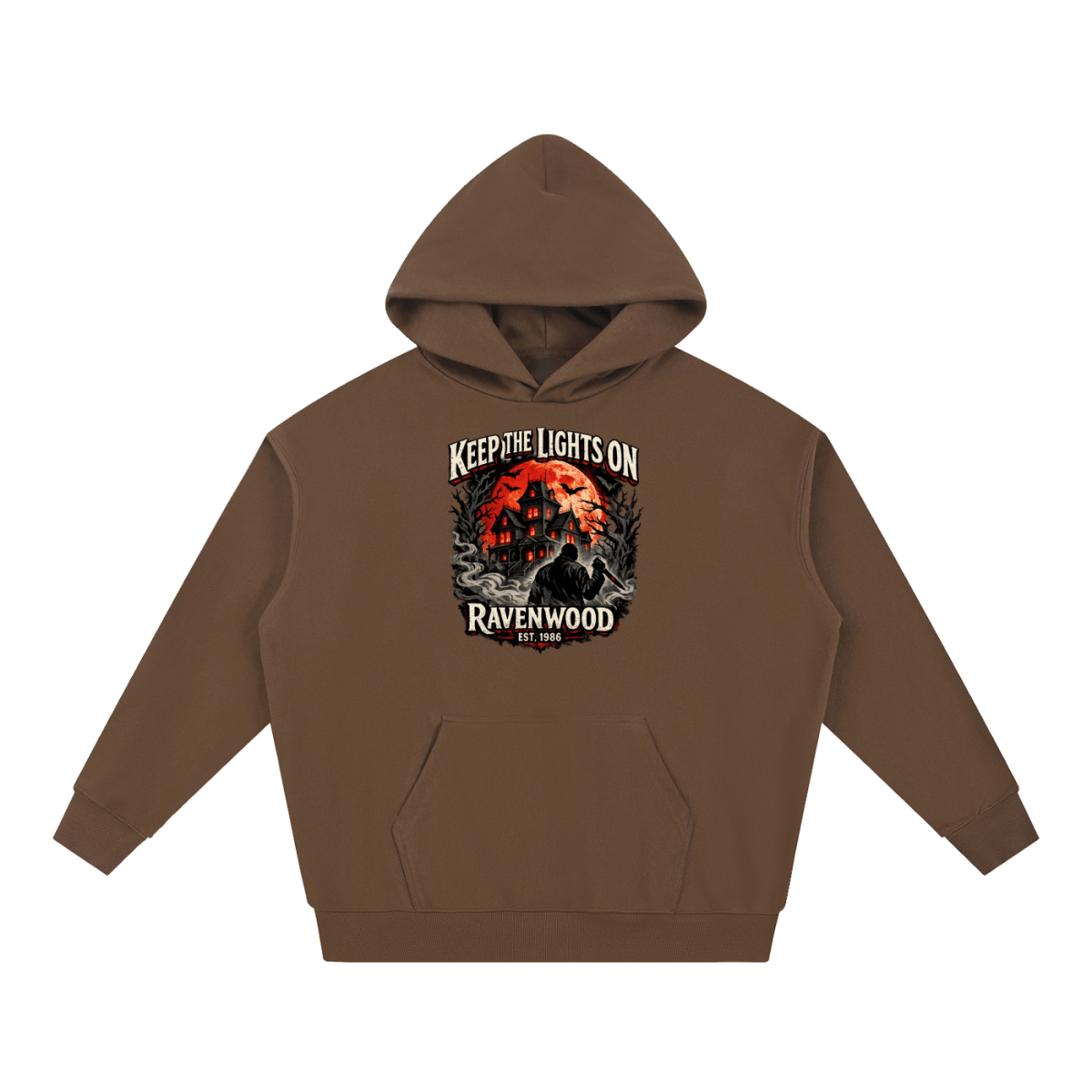Brown heavyweight hoodie, front view with a haunted house, orange moon and knife-holding silhouette with Keep the Lights On and Ravenwood Est. 1986 lettering.