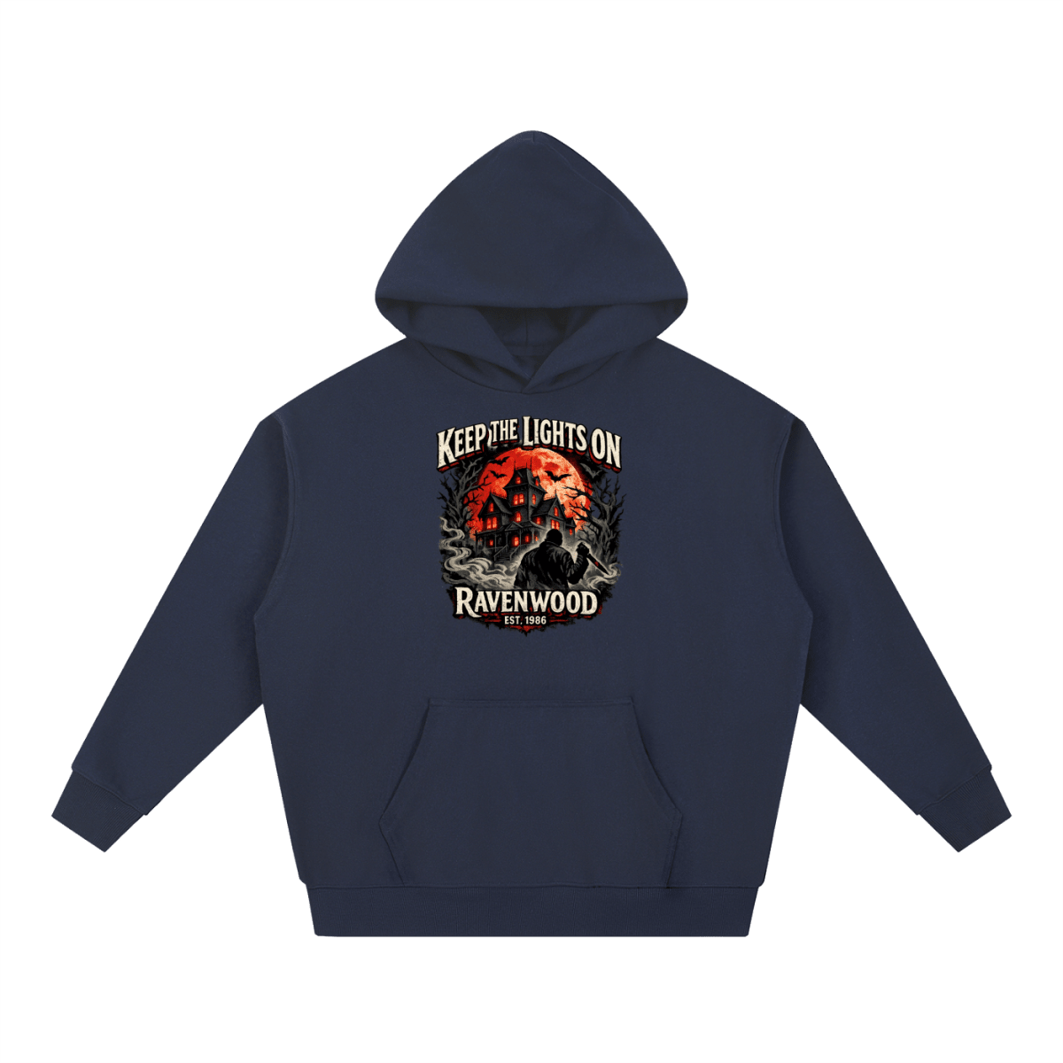 Navy blue heavyweight hoodie, front view with a haunted house, orange moon and knife-holding silhouette with Keep the Lights On and Ravenwood Est. 1986 lettering.