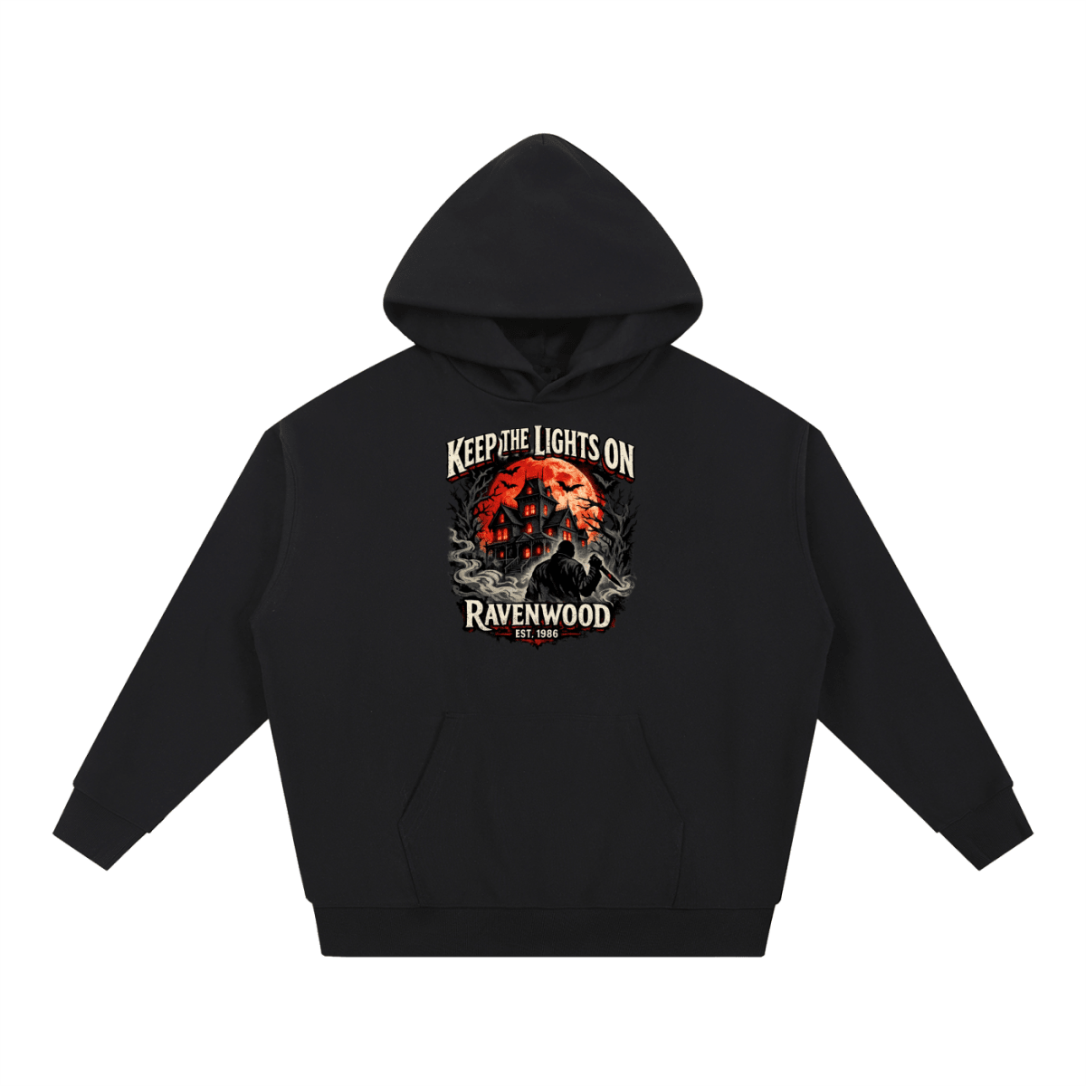 Black heavyweight hoodie, front view with a haunted house, orange moon and knife-holding silhouette with Keep the Lights On and Ravenwood Est. 1986 lettering.