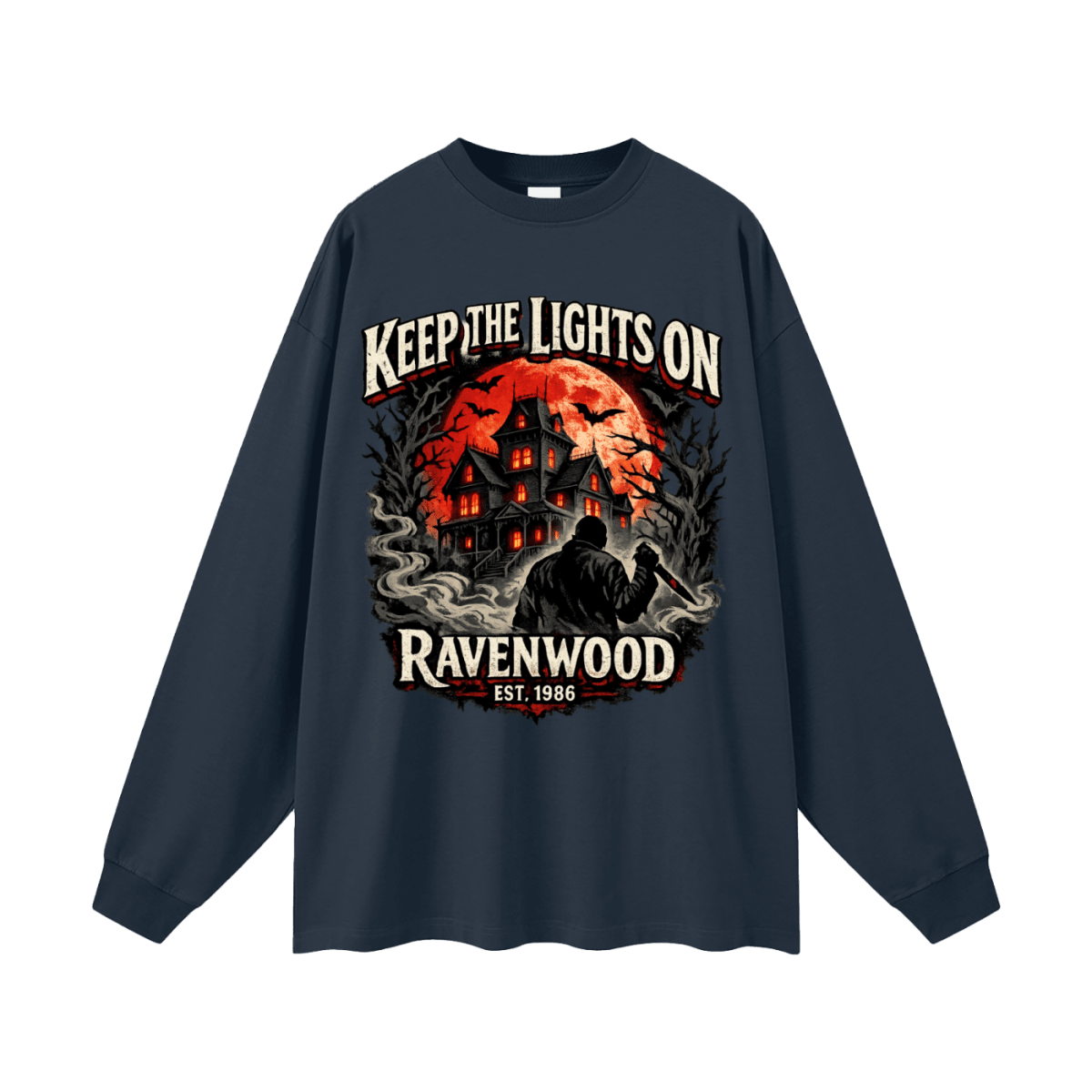 Navy blue oversized long-sleeve T-shirt, front view with a haunted house, orange moon and knife-holding silhouette with Keep the Lights On and Ravenwood Est. 1986 lettering.