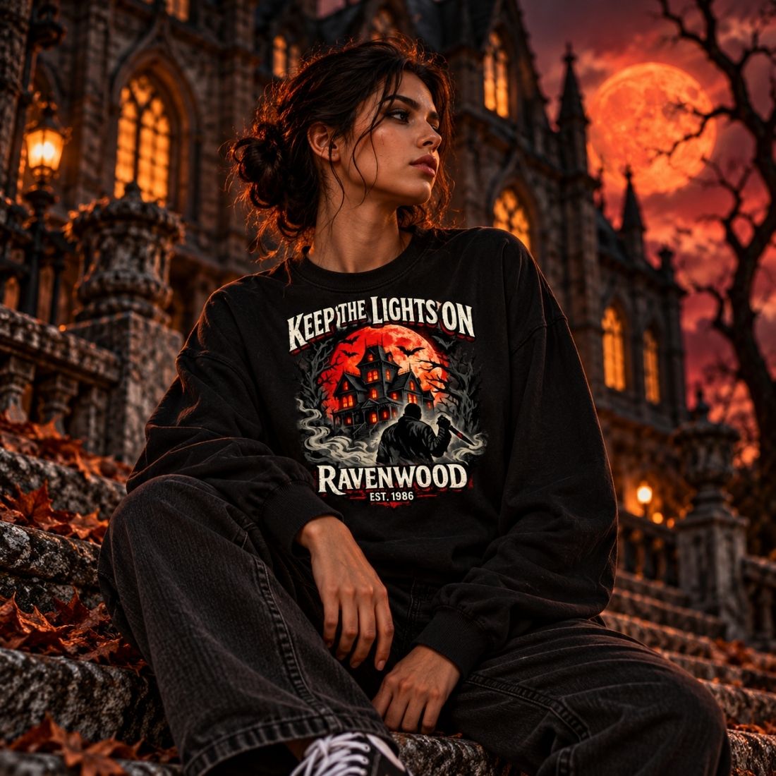 Model wearing a black Ravenwood Keep the Lights On long-sleeve T-shirt outside a Gothic building under an orange moon.