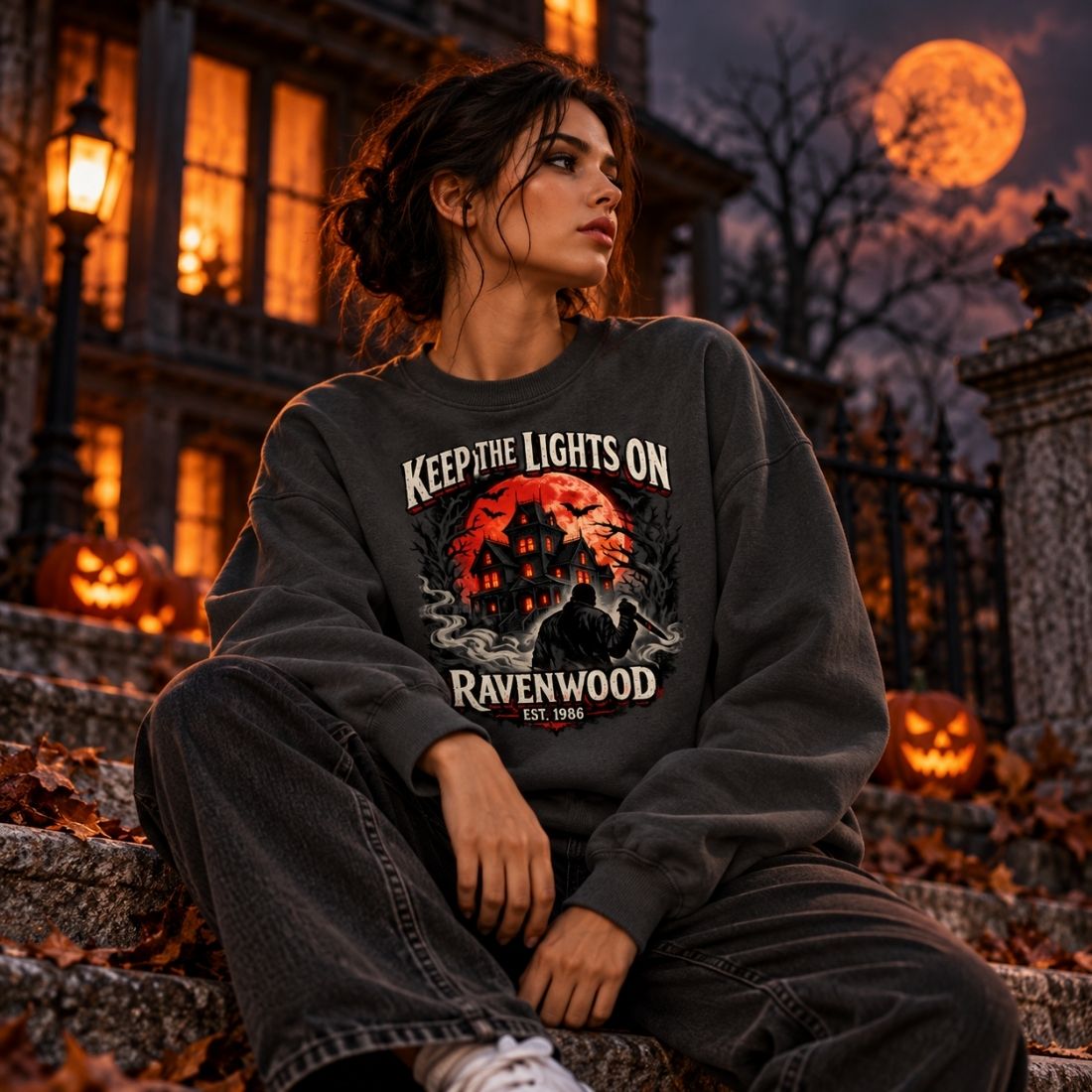 Seated model wearing a charcoal Ravenwood Keep the Lights On sweatshirt outside a house with pumpkins and an orange moon.
