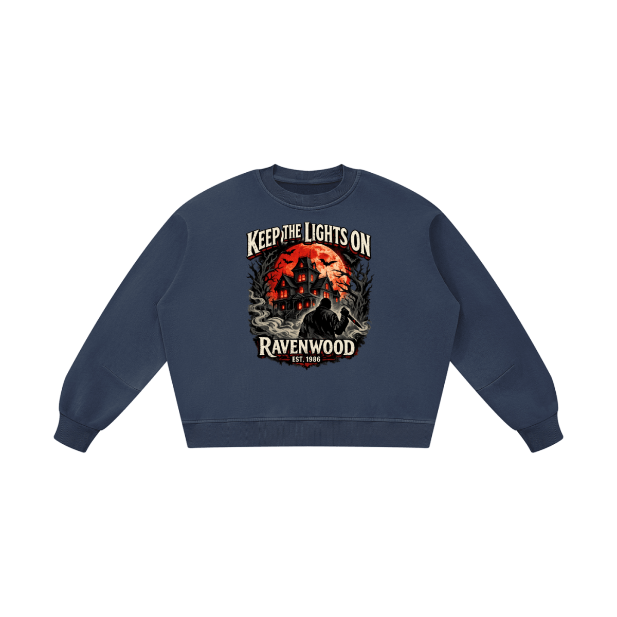 Navy blue boxy vintage-washed sweatshirt, front view with a haunted house, orange moon and knife-holding silhouette with Keep the Lights On and Ravenwood Est. 1986 lettering.