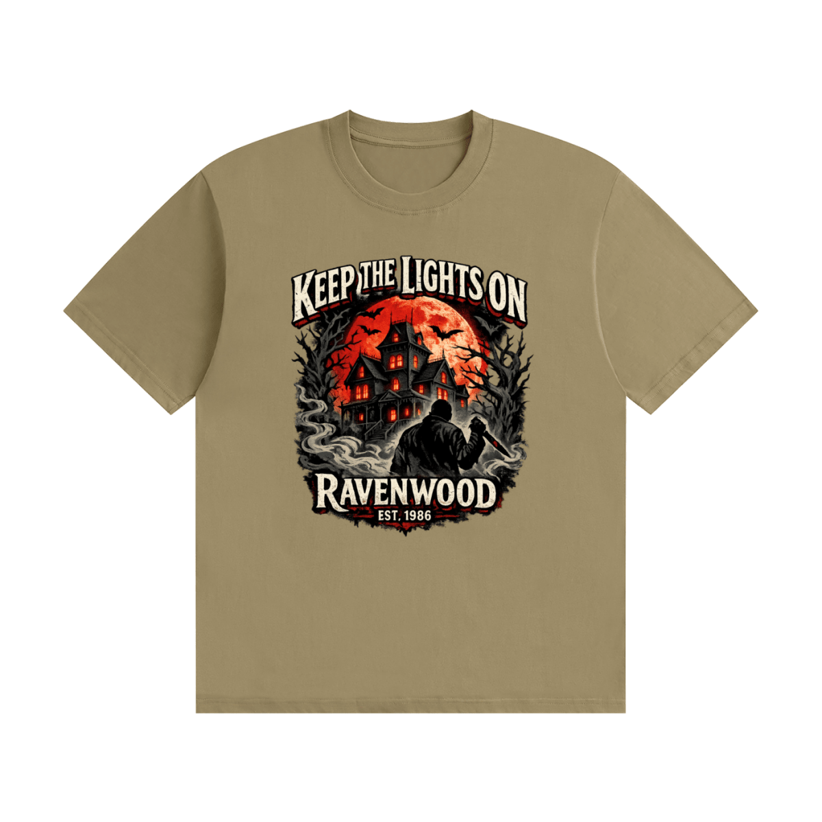 Khaki cotton T-shirt, front view with a haunted house, orange moon and knife-holding silhouette with Keep the Lights On and Ravenwood Est. 1986 lettering.