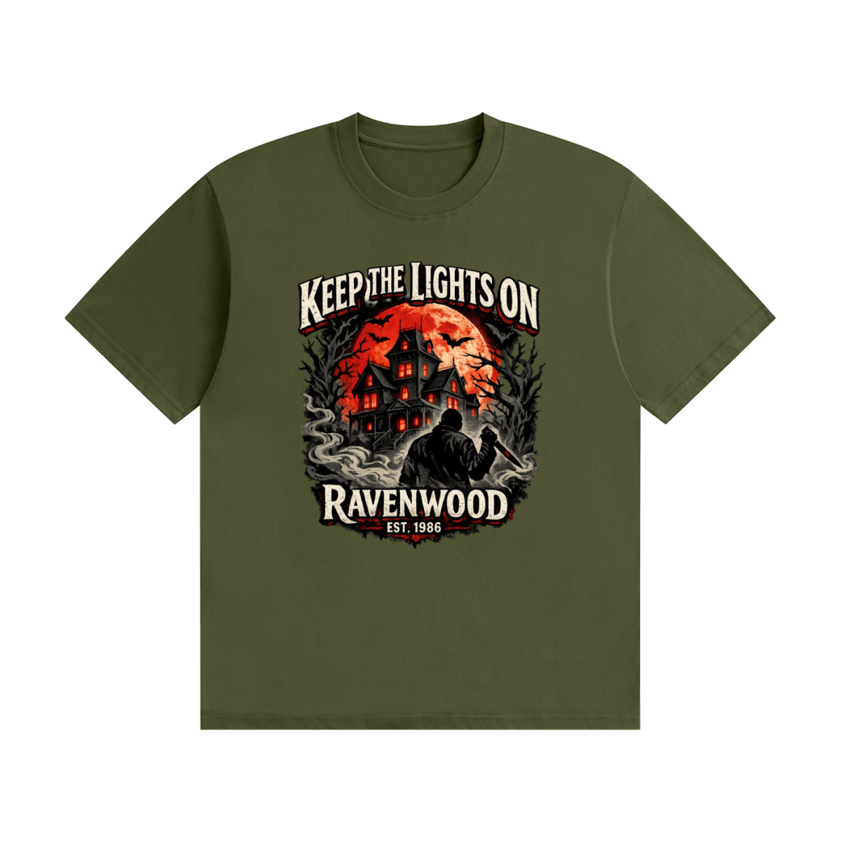 Olive green cotton T-shirt, front view with a haunted house, orange moon and knife-holding silhouette with Keep the Lights On and Ravenwood Est. 1986 lettering.