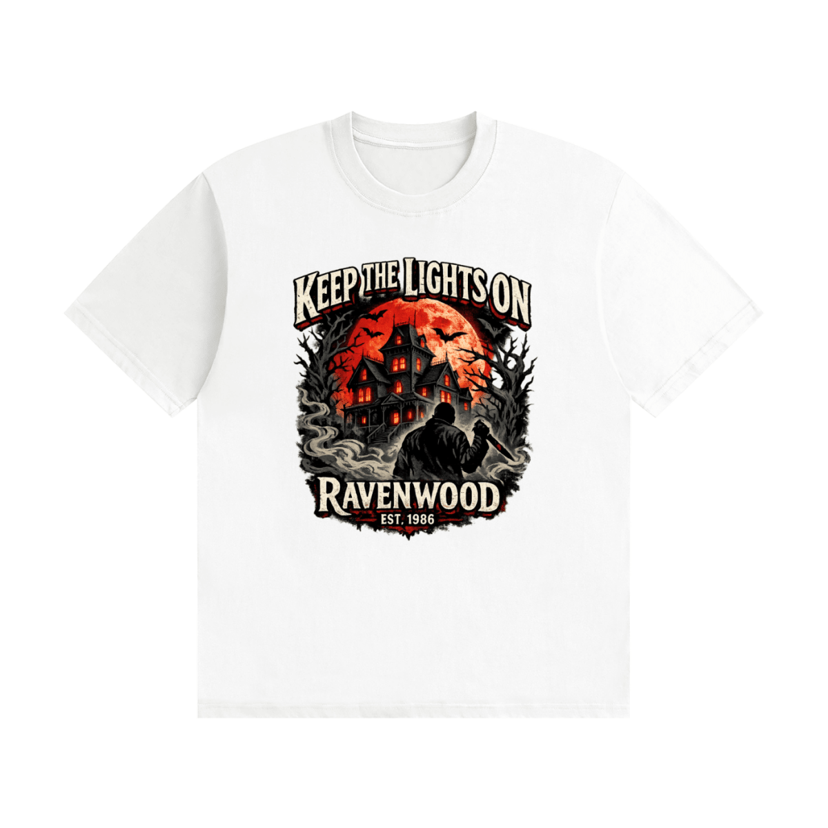 White cotton T-shirt, front view with a haunted house, orange moon and knife-holding silhouette with Keep the Lights On and Ravenwood Est. 1986 lettering.