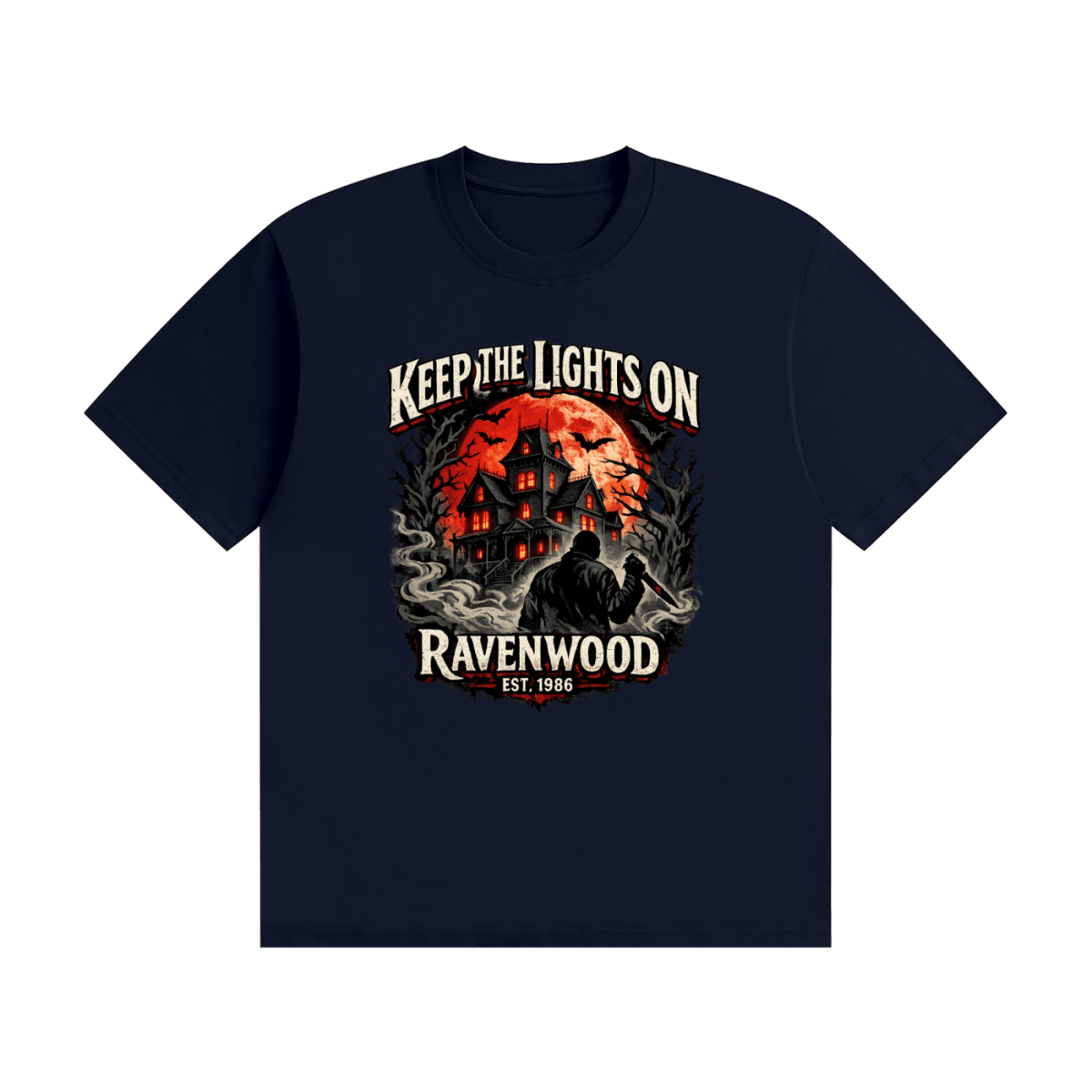 Navy blue cotton T-shirt, front view with a haunted house, orange moon and knife-holding silhouette with Keep the Lights On and Ravenwood Est. 1986 lettering.
