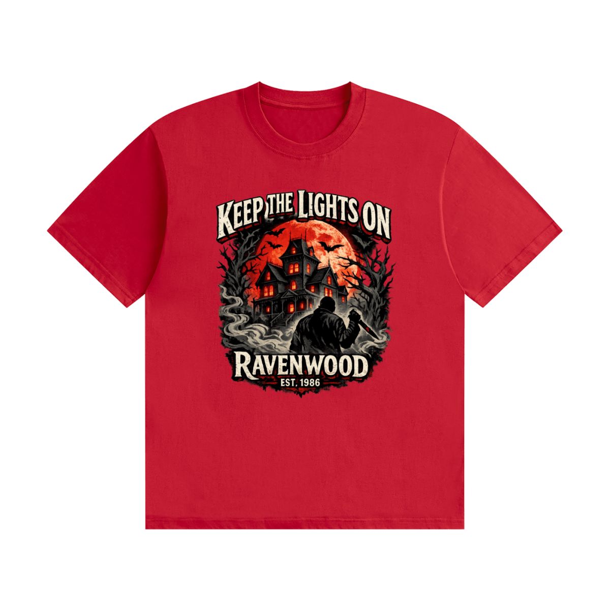 Red cotton T-shirt, front view with a haunted house, orange moon and knife-holding silhouette with Keep the Lights On and Ravenwood Est. 1986 lettering.