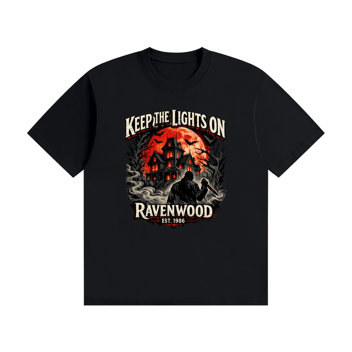Black cotton T-shirt, front view with a haunted house, orange moon and knife-holding silhouette with Keep the Lights On and Ravenwood Est. 1986 lettering.