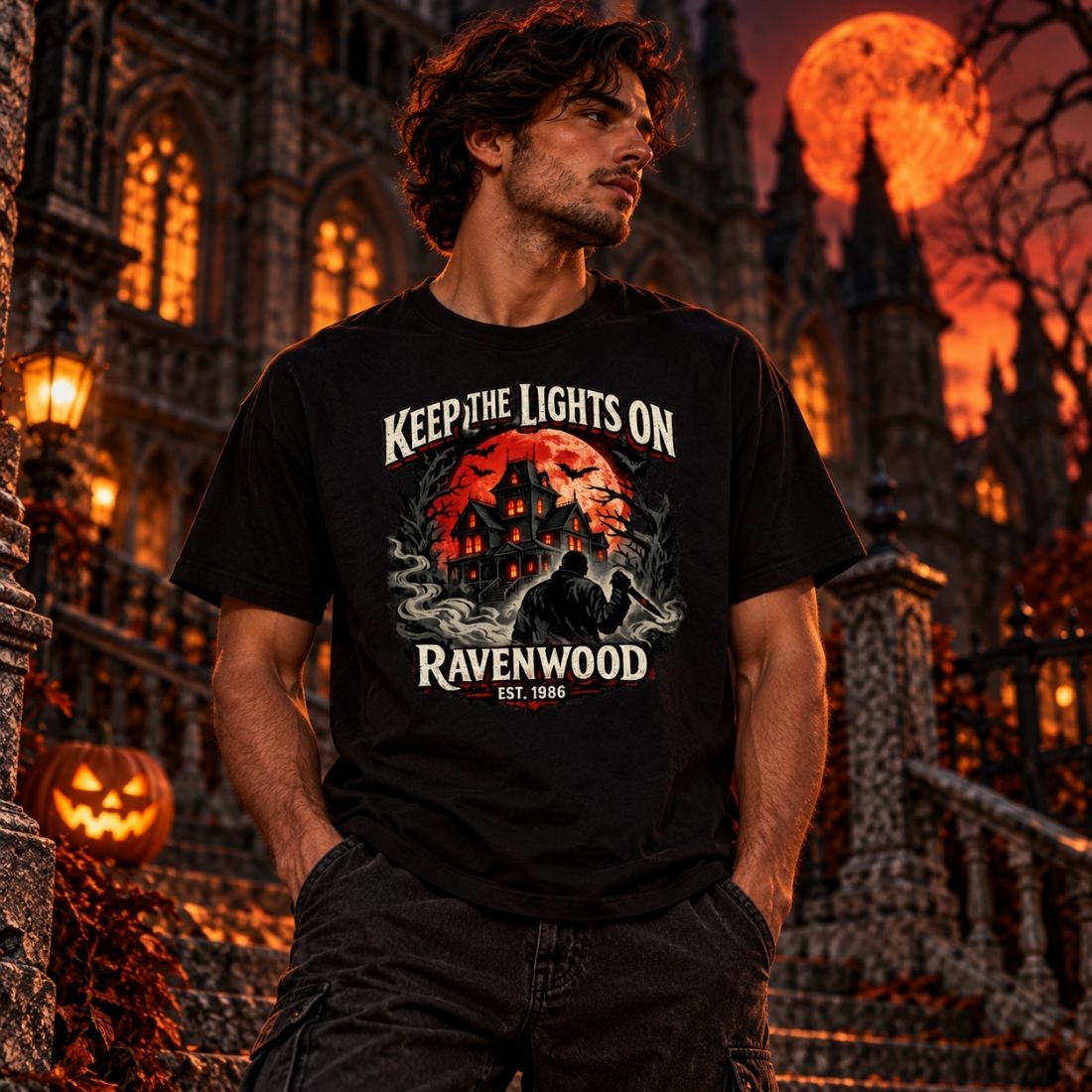 Model wearing a black Ravenwood Keep the Lights On T-shirt outside a Gothic building with glowing windows and pumpkins.