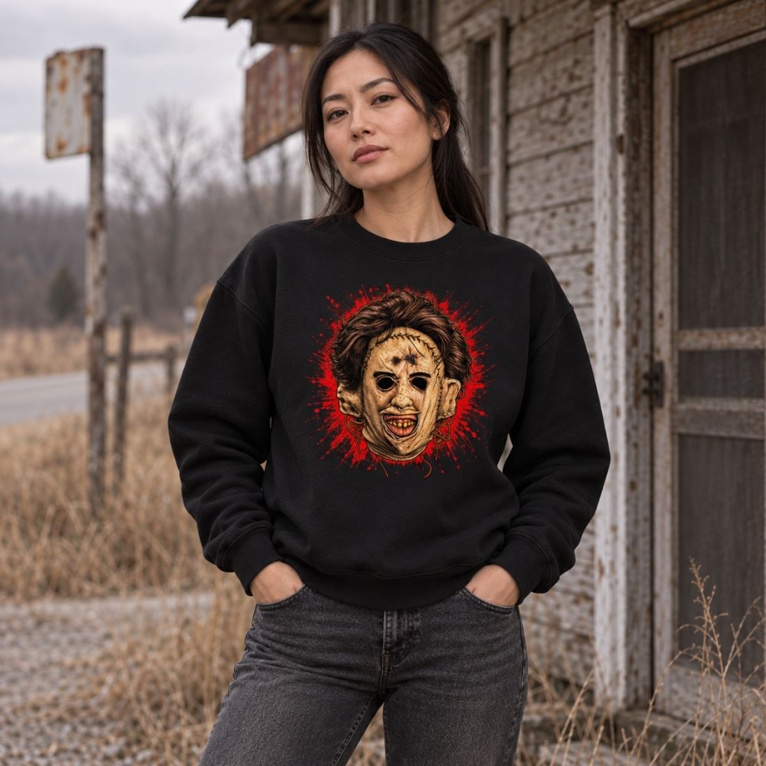 Leatherface-Inspired Mask Horror Loose Crewneck Sweatshirt - Shirt Habit