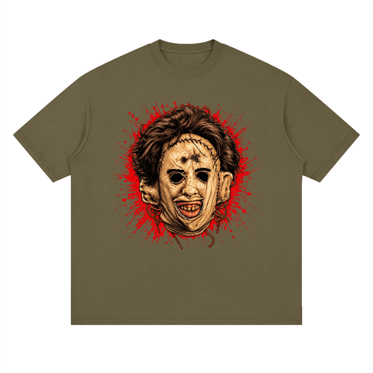 Leatherface-Inspired Mask Horror Streetwear Loose Drop Shoulder T-Shirt
