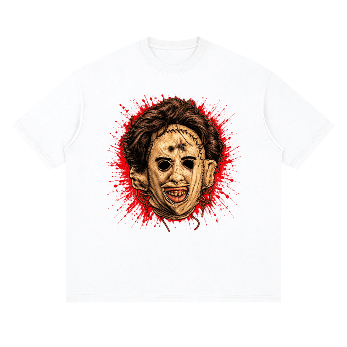Leatherface-Inspired Mask Horror Streetwear Loose Drop Shoulder T-Shirt