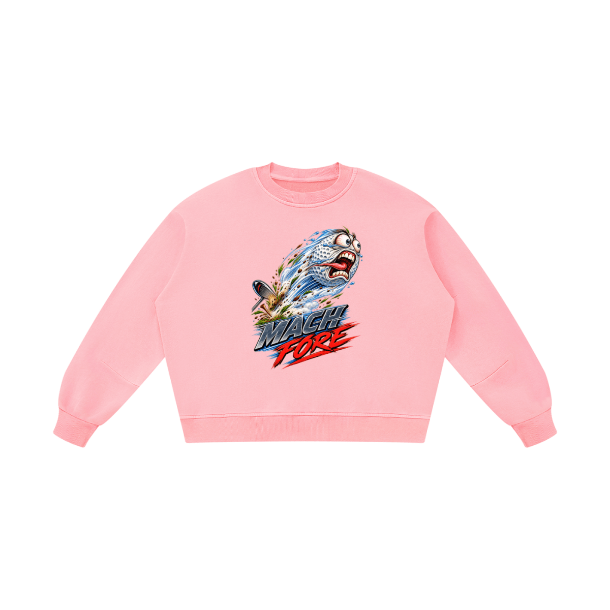 Pink Mach Fore boxy vintage-washed sweatshirt, front view with a flying cartoon golf ball and silver and red lettering.