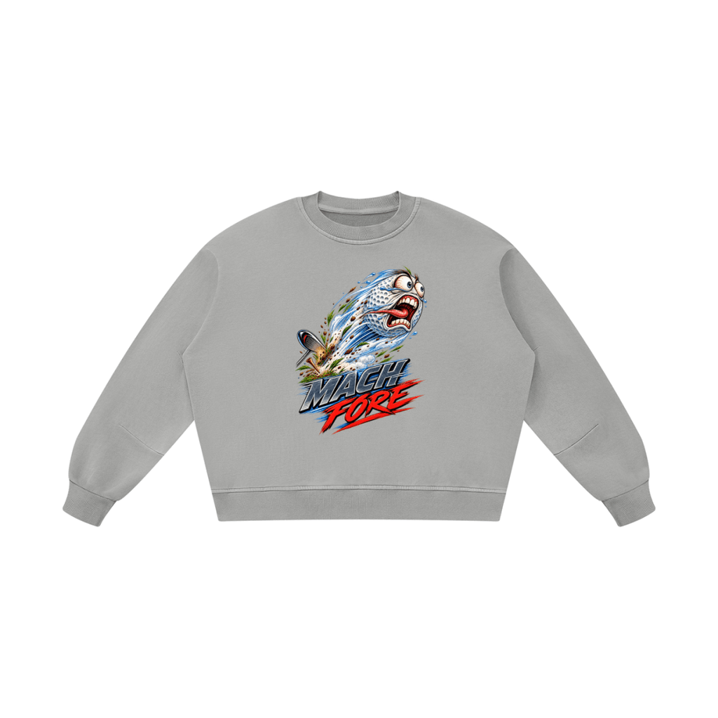 Light gray Mach Fore boxy vintage-washed sweatshirt, front view with a flying cartoon golf ball and silver and red lettering.