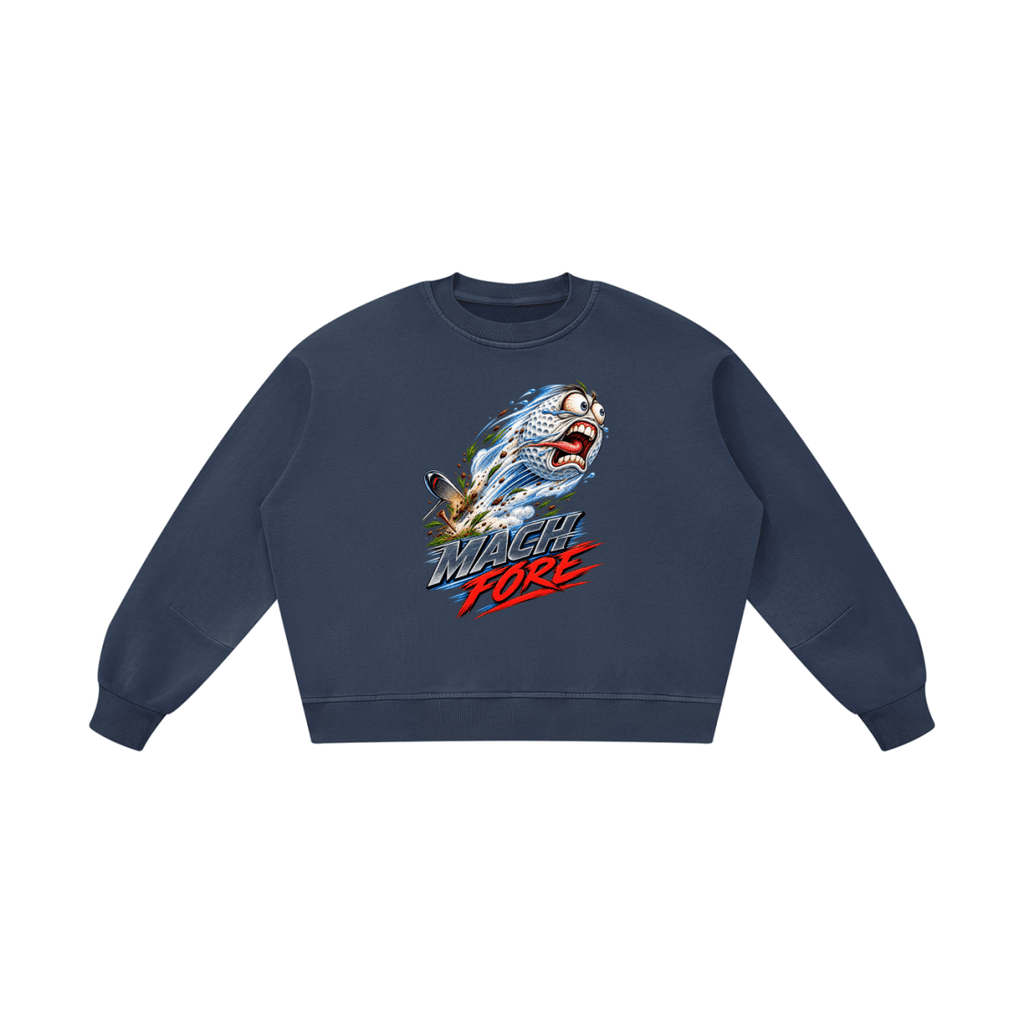 Navy blue Mach Fore boxy vintage-washed sweatshirt, front view with a flying cartoon golf ball and silver and red lettering.