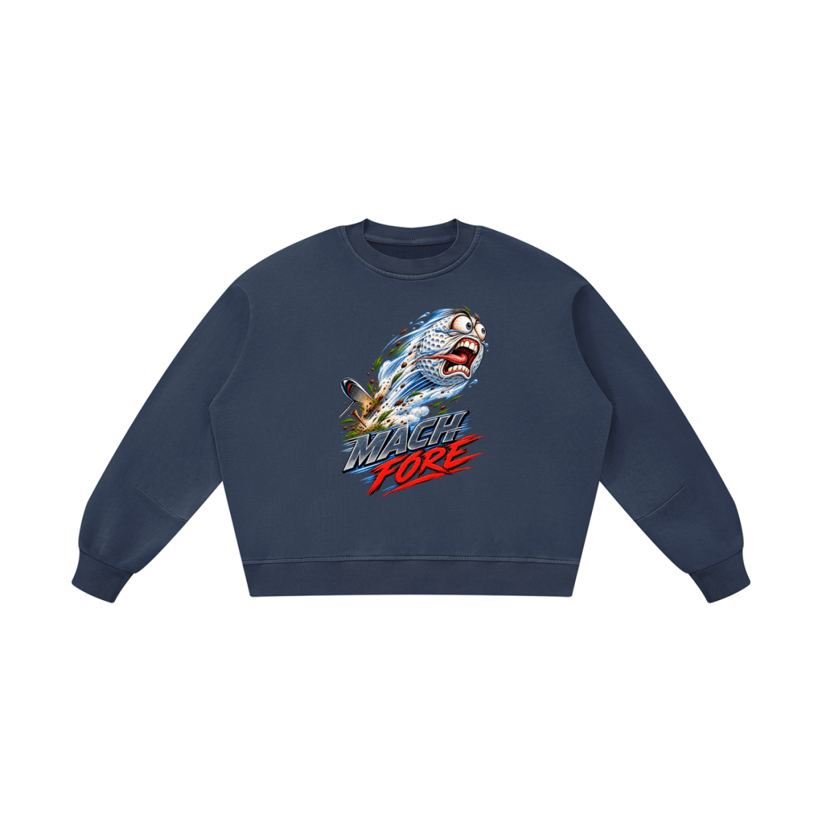 Navy blue Mach Fore boxy vintage-washed sweatshirt, front view with a flying cartoon golf ball and silver and red lettering.