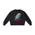 Black Mach Fore boxy vintage-washed sweatshirt, front view with a flying cartoon golf ball and silver and red lettering.