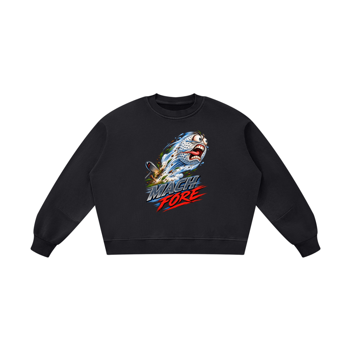Black Mach Fore boxy vintage-washed sweatshirt, front view with a flying cartoon golf ball and silver and red lettering.