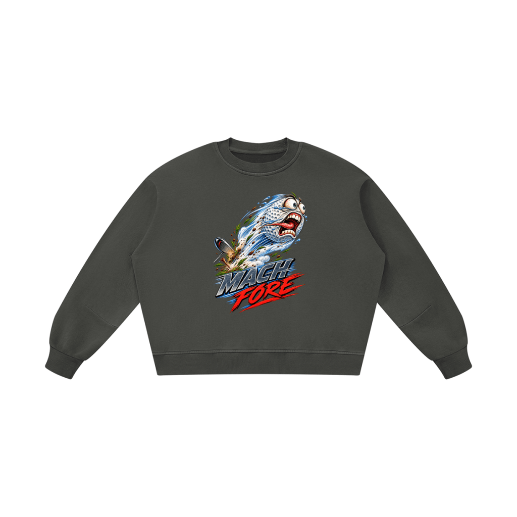 Dark gray Mach Fore boxy vintage-washed sweatshirt, front view with a flying cartoon golf ball and silver and red lettering.