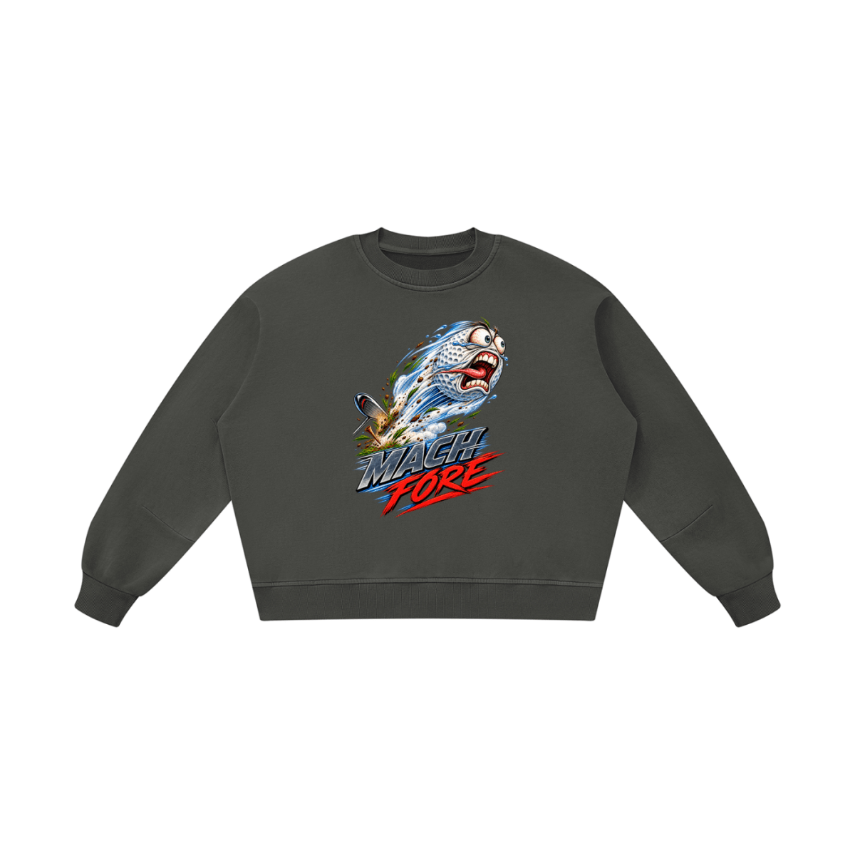 Dark gray Mach Fore boxy vintage-washed sweatshirt, front view with a flying cartoon golf ball and silver and red lettering.