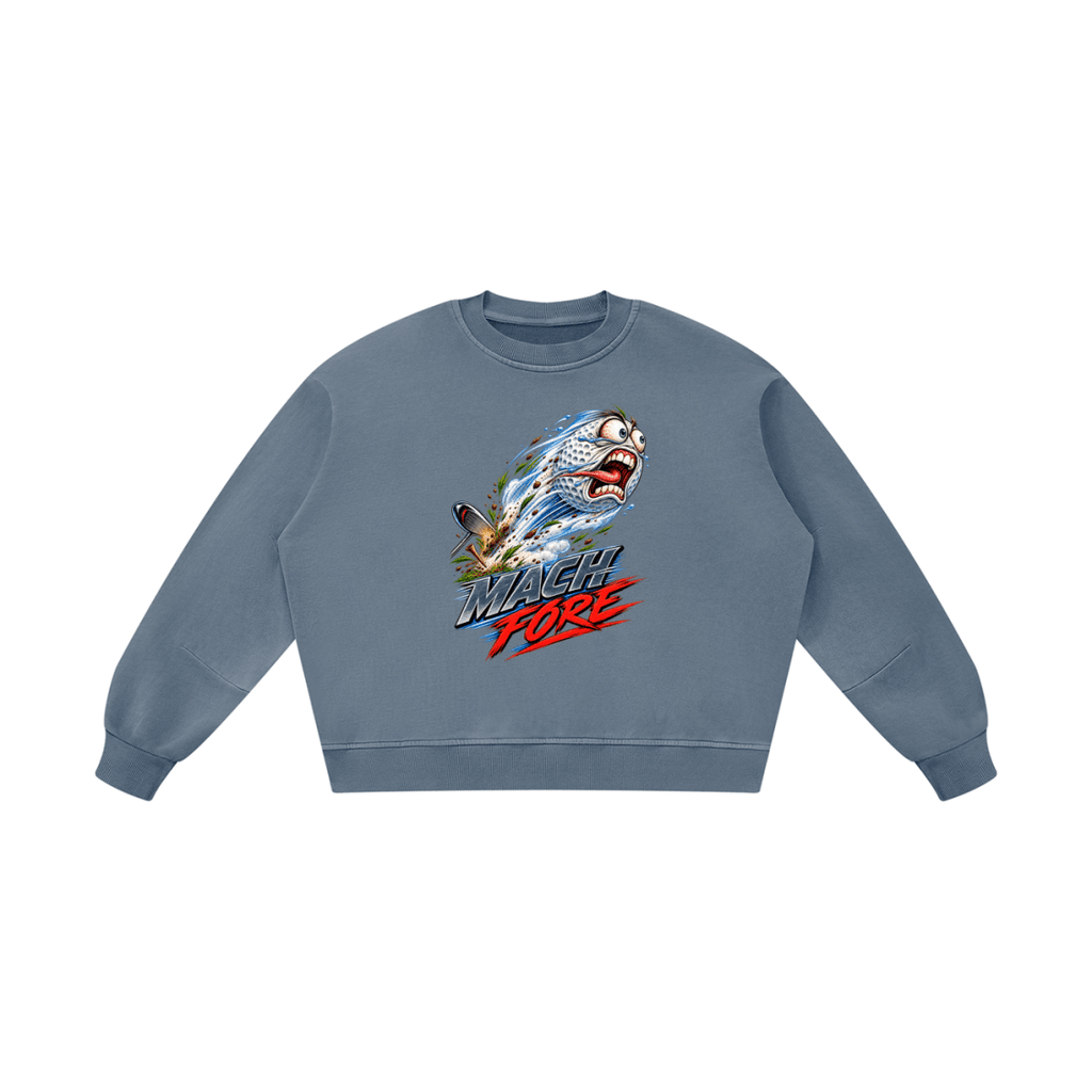 Blue gray Mach Fore boxy vintage-washed sweatshirt, front view with a flying cartoon golf ball and silver and red lettering.