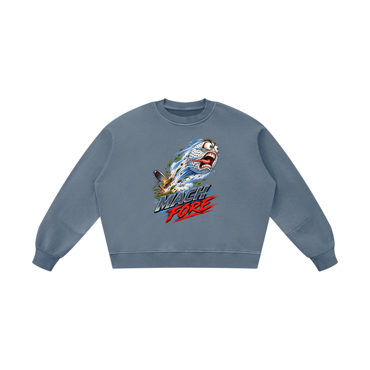Blue gray Mach Fore boxy vintage-washed sweatshirt, front view with a flying cartoon golf ball and silver and red lettering.