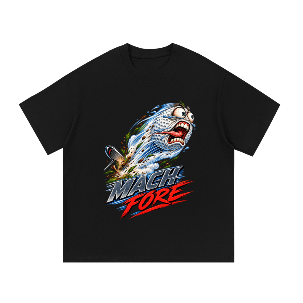 Black Mach Fore T-shirt, front view with a screaming cartoon golf ball with blue motion streaks and red and gray lettering.