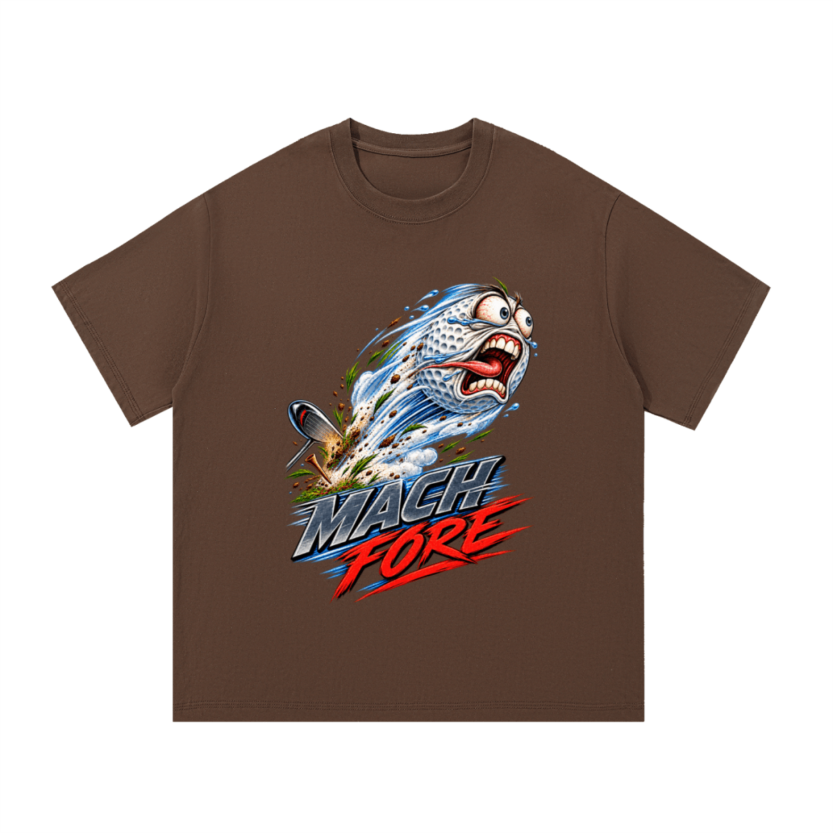 Brown Mach Fore T-shirt, front view with a screaming cartoon golf ball with blue motion streaks and red and gray lettering.