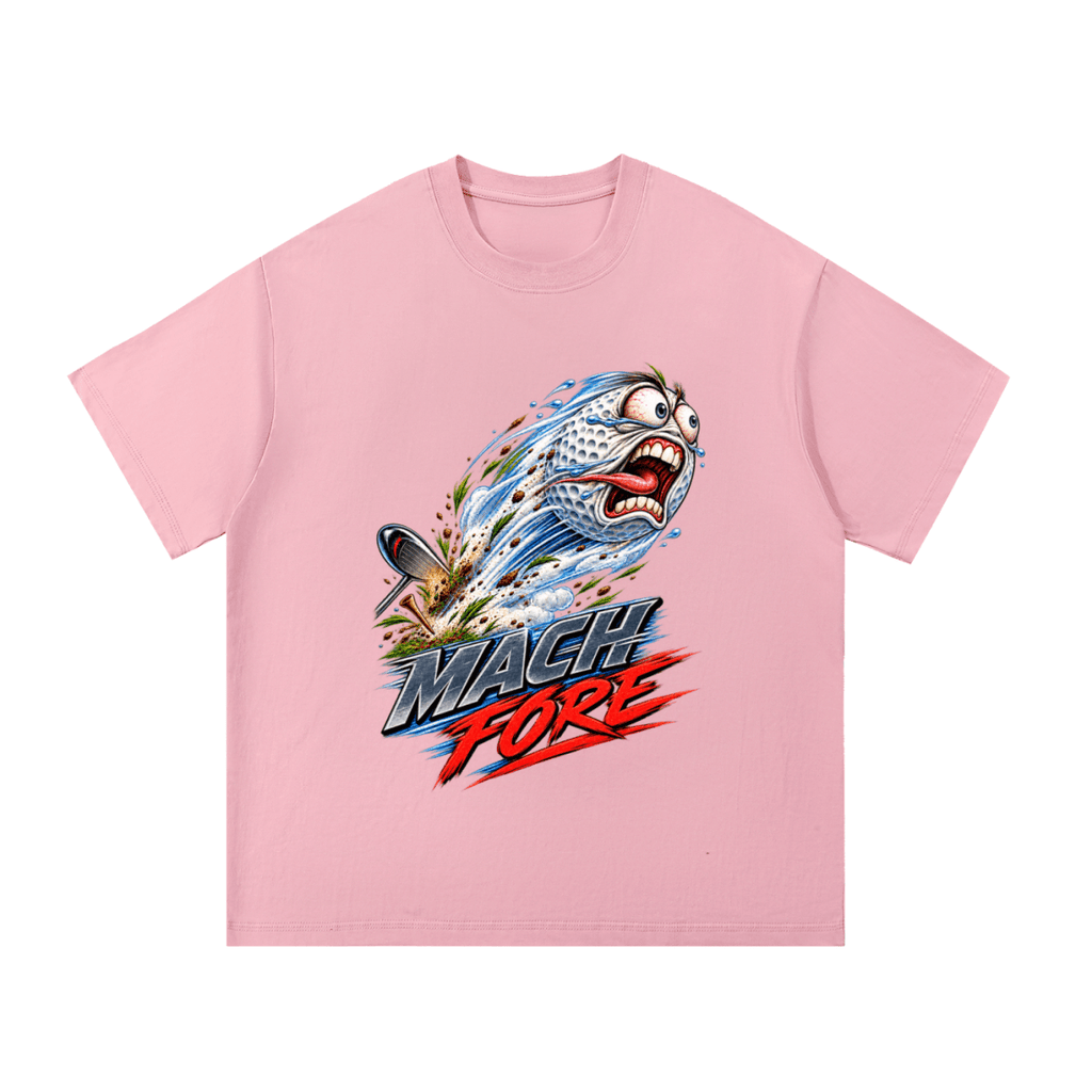 Pink Mach Fore T-shirt, front view with a screaming cartoon golf ball with blue motion streaks and red and gray lettering.