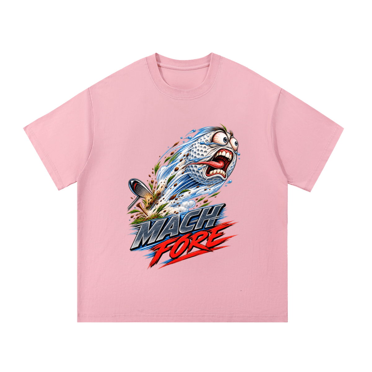 Pink Mach Fore T-shirt, front view with a screaming cartoon golf ball with blue motion streaks and red and gray lettering.