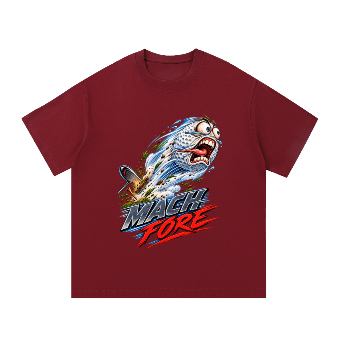 Burgundy Mach Fore T-shirt, front view with a screaming cartoon golf ball with blue motion streaks and red and gray lettering.