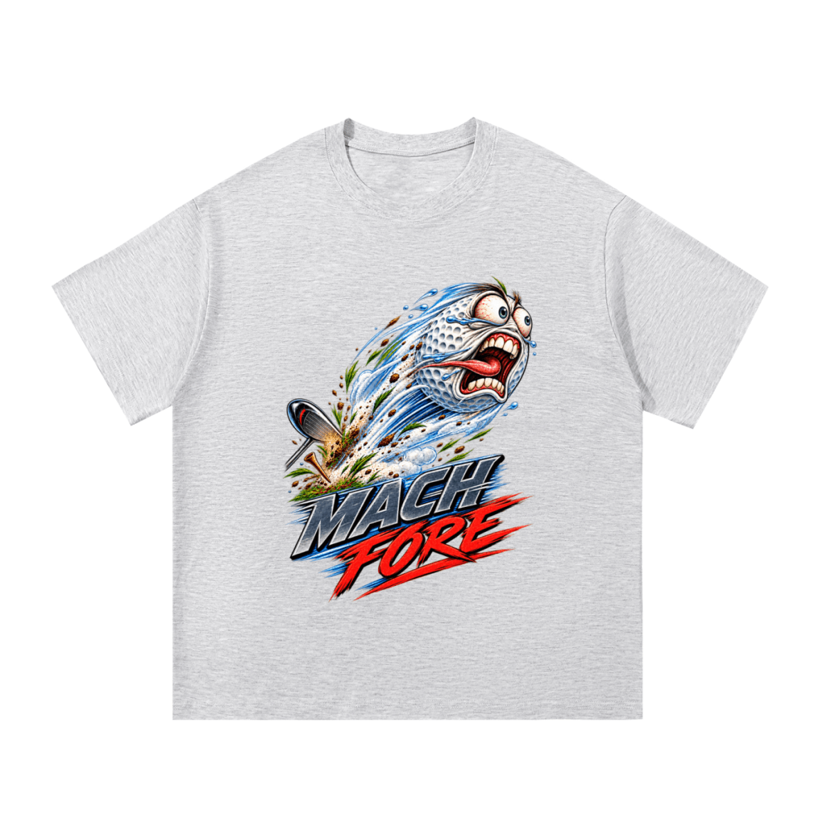 Light gray Mach Fore T-shirt, front view with a screaming cartoon golf ball with blue motion streaks and red and gray lettering.