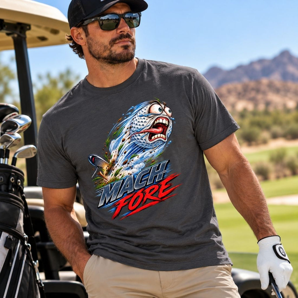 Model wearing a charcoal gray Mach Fore T-shirt, beige pants and a golf glove beside a golf cart.