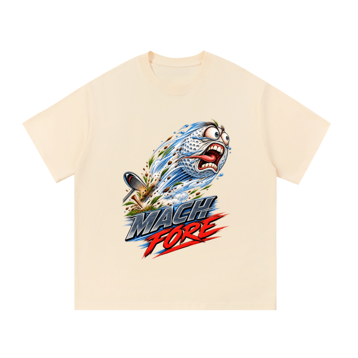 Cream Mach Fore T-shirt, front view with a screaming cartoon golf ball with blue motion streaks and red and gray lettering.