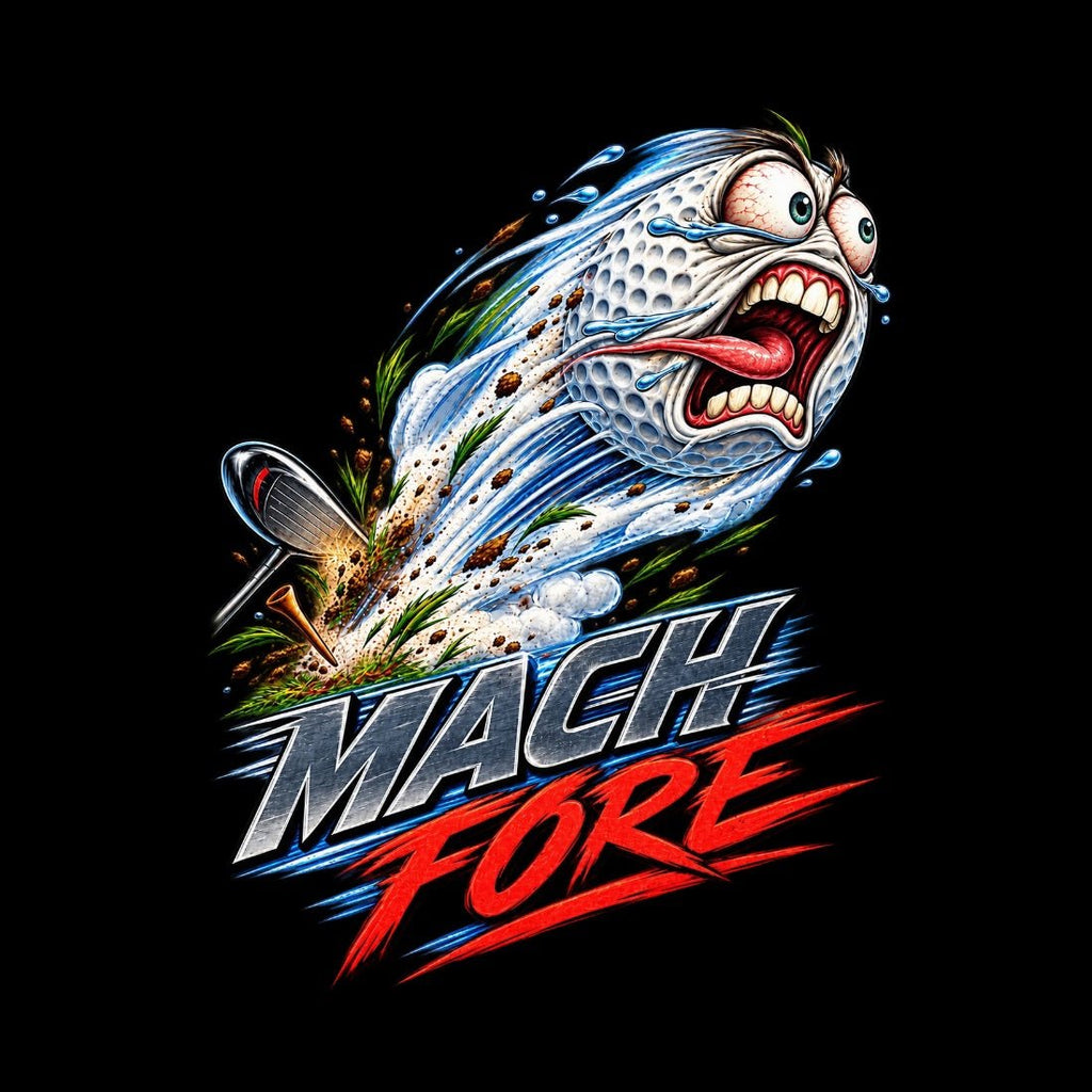Close-up of the Mach Fore print on black, showing a screaming cartoon golf ball with blue motion streaks and red and gray lettering.