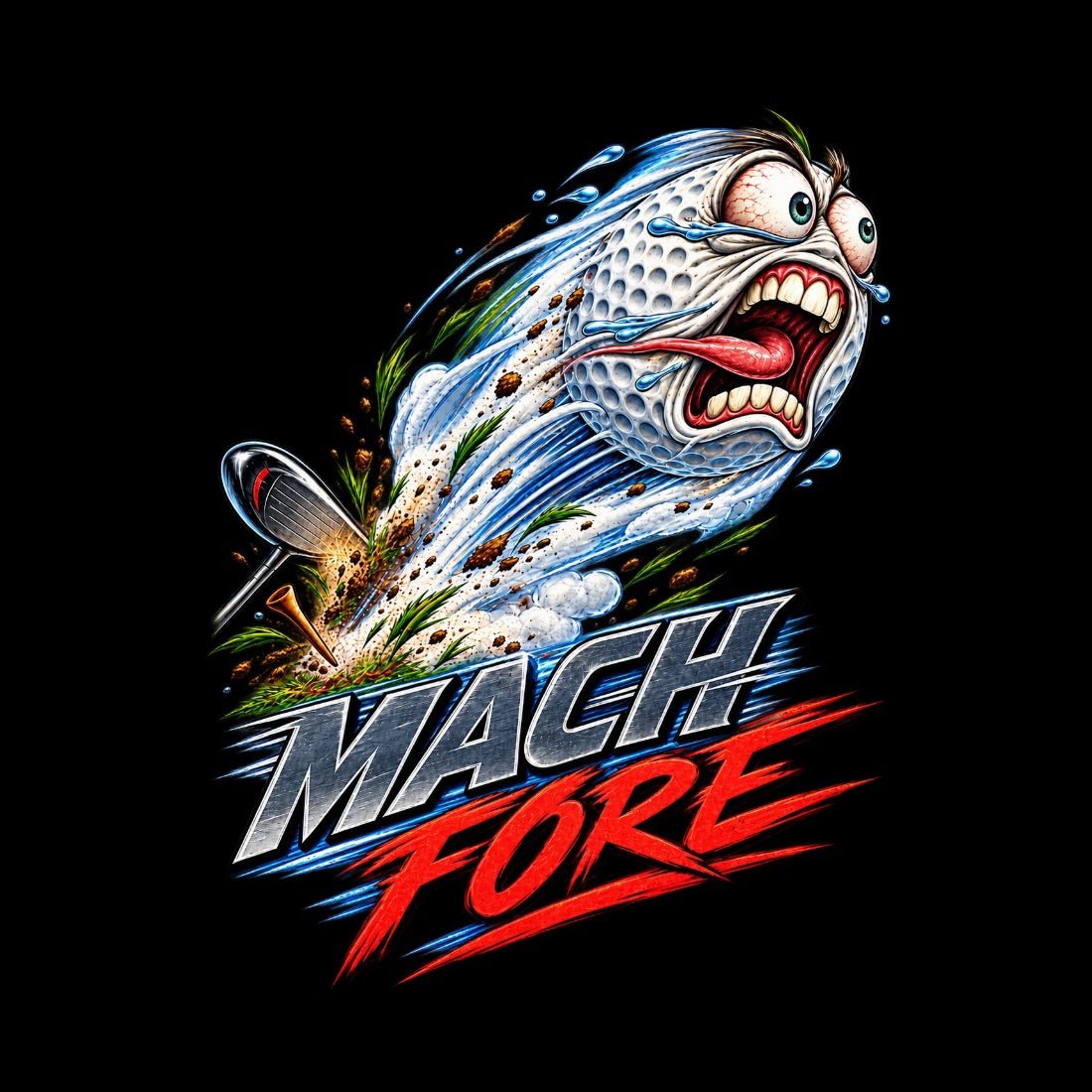 Close-up of the Mach Fore print on black, showing a screaming cartoon golf ball with blue motion streaks and red and gray lettering.